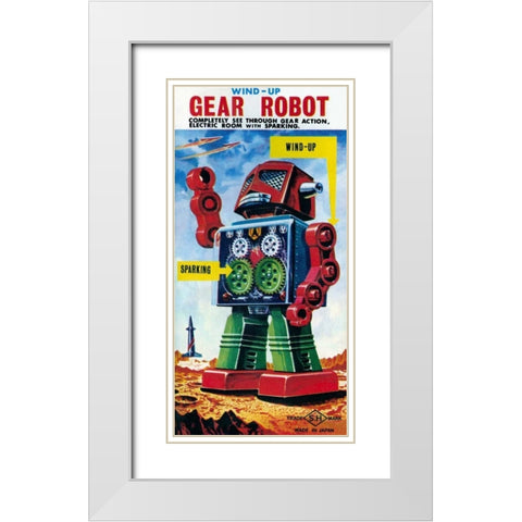 Wind-up Gear Robot White Modern Wood Framed Art Print with Double Matting by Retrobot