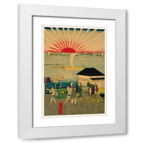 Famous places in Tokyo: real view of Takanawa #2 Featuring the Rising Sun. White Modern Wood Framed Art Print with Double Matting by Hiroshige, Utagawa