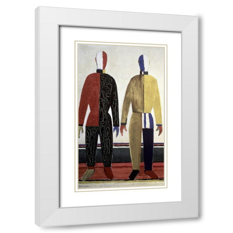 Sportsmen (left) White Modern Wood Framed Art Print with Double Matting by Malevich, Kazimir