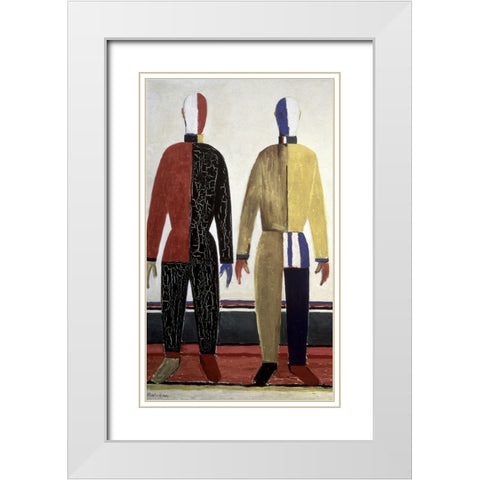 Sportsmen (left) White Modern Wood Framed Art Print with Double Matting by Malevich, Kazimir