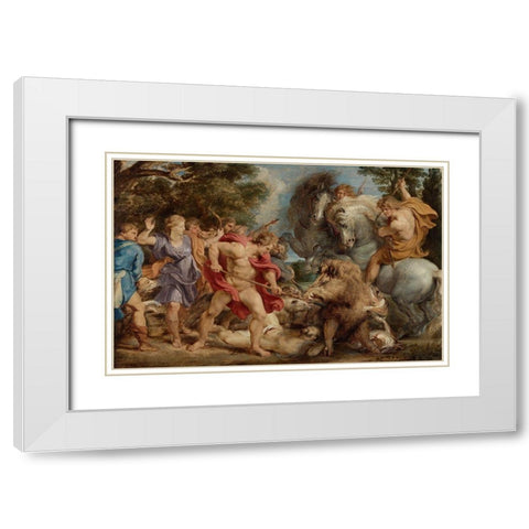 The Calydonian Boar Hunt White Modern Wood Framed Art Print with Double Matting by Rubens, Peter Paul