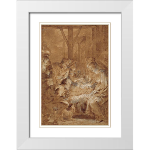The Adoration of the Shepherds White Modern Wood Framed Art Print with Double Matting by Rubens, Peter Paul