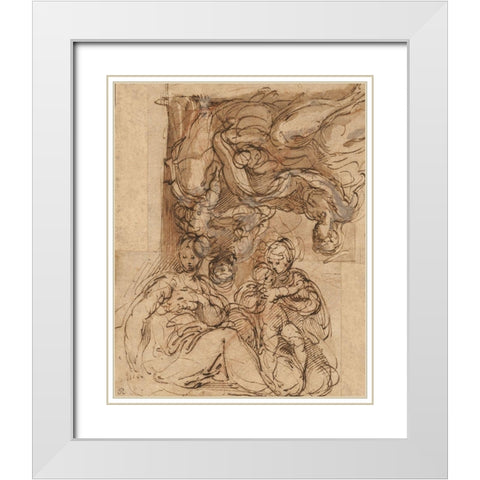 Two Studies for a Holy Family White Modern Wood Framed Art Print with Double Matting by Parmigianino