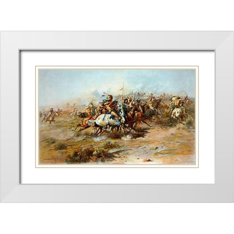 The Custer Fight, 1903 White Modern Wood Framed Art Print with Double Matting by Russell, Charles
