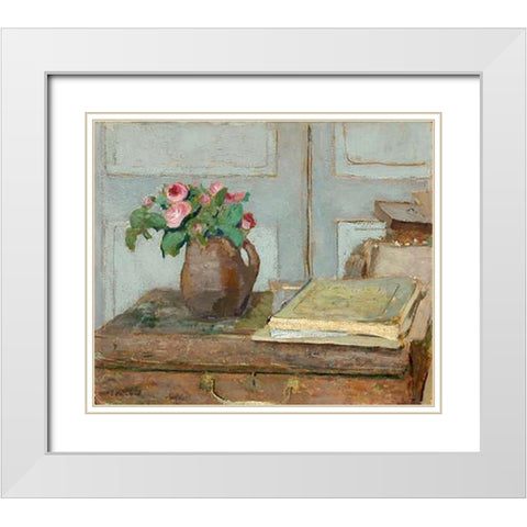 The Artists Paint Box and Moss Roses, 1898 White Modern Wood Framed Art Print with Double Matting by Vuillard, Edouard