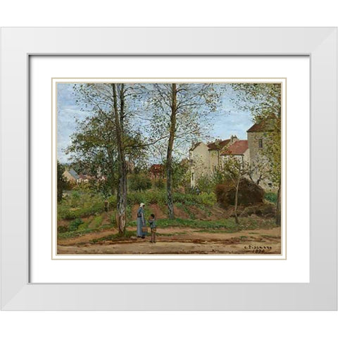 Houses at Bougival (Autumn) White Modern Wood Framed Art Print with Double Matting by Pissarro, Camille