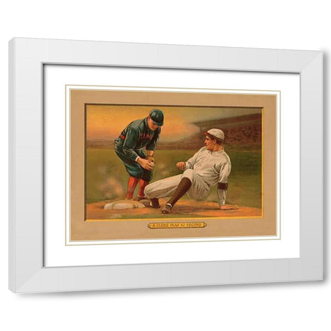 A Close Play at Second, Baseball Card White Modern Wood Framed Art Print with Double Matting by American Tobacco Company