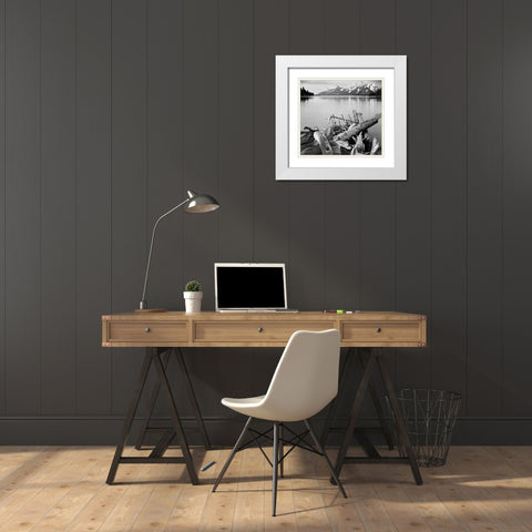 Driftwood on shore of Jackson Lake, with Teton Range in background, Grand Teton National Park, Wyomi White Modern Wood Framed Art Print with Double Matting by Adams, Ansel