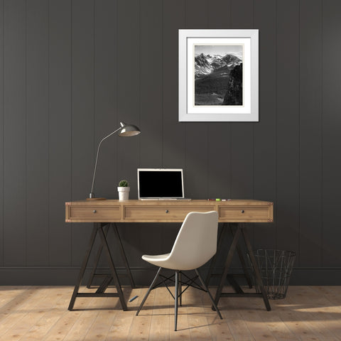 View of snow-capped mountain timbered area below, in Rocky Mountain National Park, Colorado, ca. 194 White Modern Wood Framed Art Print with Double Matting by Adams, Ansel