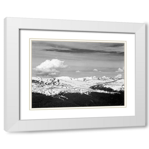 View at timberline, dark foreground, light snow capped mountain, gray sky, in Rocky Mountain Nationa White Modern Wood Framed Art Print with Double Matting by Adams, Ansel