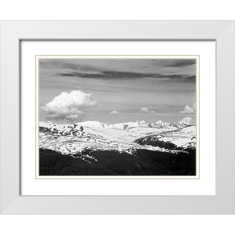 View at timberline, dark foreground, light snow capped mountain, gray sky, in Rocky Mountain Nationa White Modern Wood Framed Art Print with Double Matting by Adams, Ansel