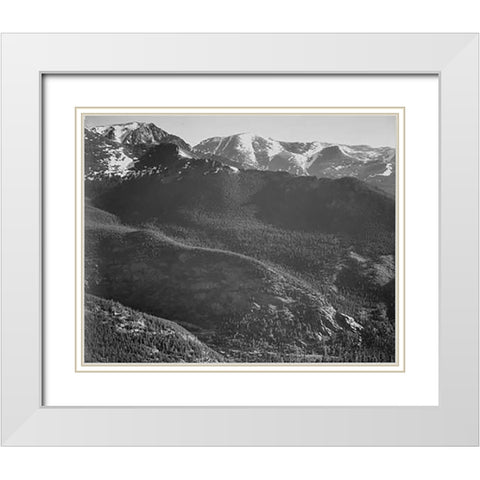 View of wooded hills with mountains in background, in Rocky Mountain National Park, Colorado, ca. 19 White Modern Wood Framed Art Print with Double Matting by Adams, Ansel