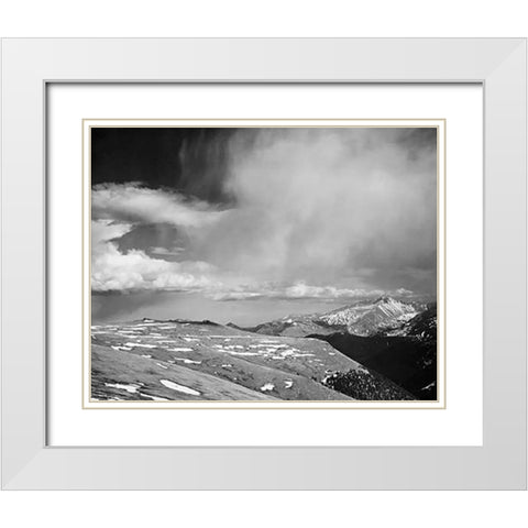 Mountain tops, low horizen, low hanging clouds, in Rocky Mountain National Park, Colorado, ca. 1941- White Modern Wood Framed Art Print with Double Matting by Adams, Ansel