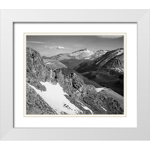 View of barren mountains with snow, in Rocky Mountain National Park, Colorado, ca. 1941-1942 White Modern Wood Framed Art Print with Double Matting by Adams, Ansel