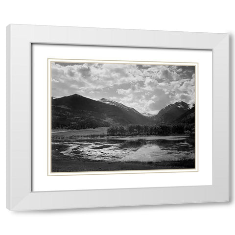 Lake and trees in foreground, mountains and clouds in background, in Rocky Mountain National Park, C White Modern Wood Framed Art Print with Double Matting by Adams, Ansel