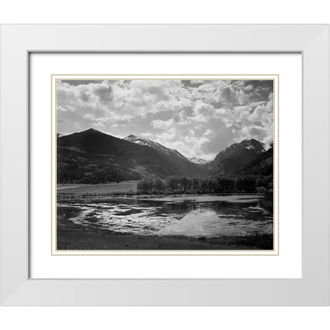 Lake and trees in foreground, mountains and clouds in background, in Rocky Mountain National Park, C White Modern Wood Framed Art Print with Double Matting by Adams, Ansel