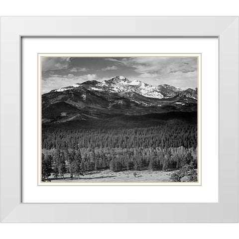 Trees in foreground, snow covered mountain in background, in Rocky Mountain National Park, Colorado, White Modern Wood Framed Art Print with Double Matting by Adams, Ansel