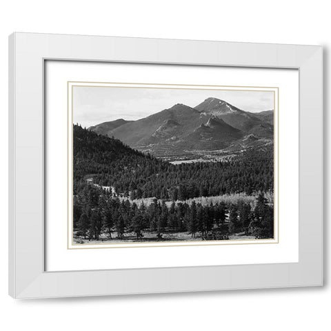 View with trees in foreground, barren mountains in background, in Rocky Mountain National Park, Colo White Modern Wood Framed Art Print with Double Matting by Adams, Ansel