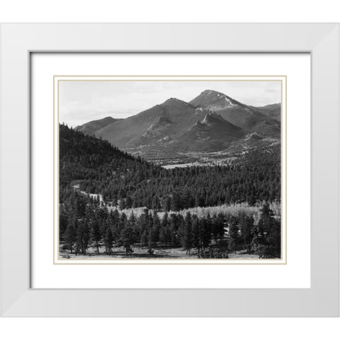 View with trees in foreground, barren mountains in background, in Rocky Mountain National Park, Colo White Modern Wood Framed Art Print with Double Matting by Adams, Ansel