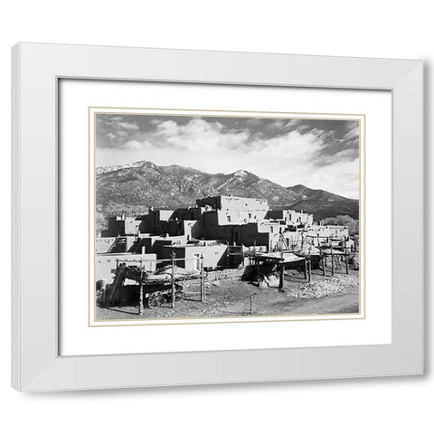 Full view of city, mountains in background, Taos Pueblo National Historic Landmark, New Mexico, 1941 White Modern Wood Framed Art Print with Double Matting by Adams, Ansel
