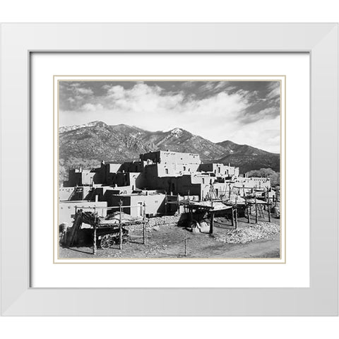 Full view of city, mountains in background, Taos Pueblo National Historic Landmark, New Mexico, 1941 White Modern Wood Framed Art Print with Double Matting by Adams, Ansel
