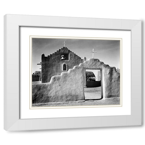 Full side view of entrance with gate to the right, Church, Taos Pueblo National Historic Landmark, N White Modern Wood Framed Art Print with Double Matting by Adams, Ansel