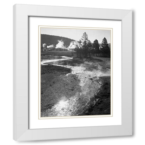 Stream winding back toward geyser, Central Geyser Basin, Yellowstone National Park, Wyoming, ca. 194 White Modern Wood Framed Art Print with Double Matting by Adams, Ansel