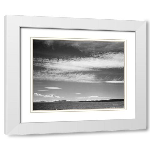 Lake, narrow strip of mountains, low horizon, Yellowstone Lake, Yellowstone National Park, Wyoming, White Modern Wood Framed Art Print with Double Matting by Adams, Ansel