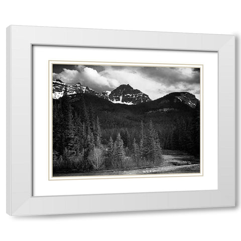 View of streamside trees and snow on mountains - Northeast Portion, Yellowstone National Park, Wyomi White Modern Wood Framed Art Print with Double Matting by Adams, Ansel