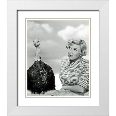 Doris Day with a Thanksgiving Turkey White Modern Wood Framed Art Print with Double Matting by Hollywood Photo Archive