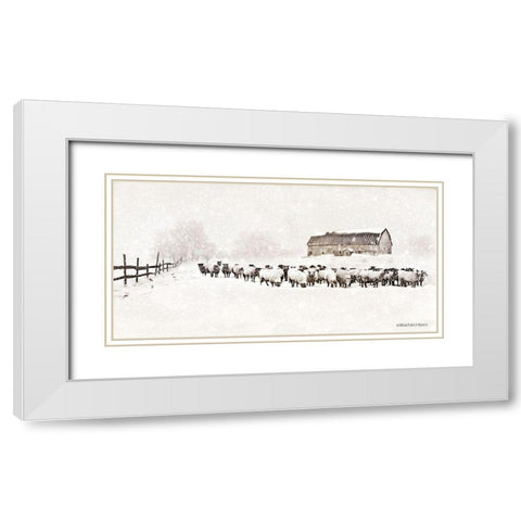 Warm Winter Barn with Sheep Herd White Modern Wood Framed Art Print with Double Matting by Bluebird Barn