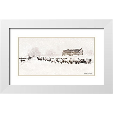 Warm Winter Barn with Sheep Herd White Modern Wood Framed Art Print with Double Matting by Bluebird Barn