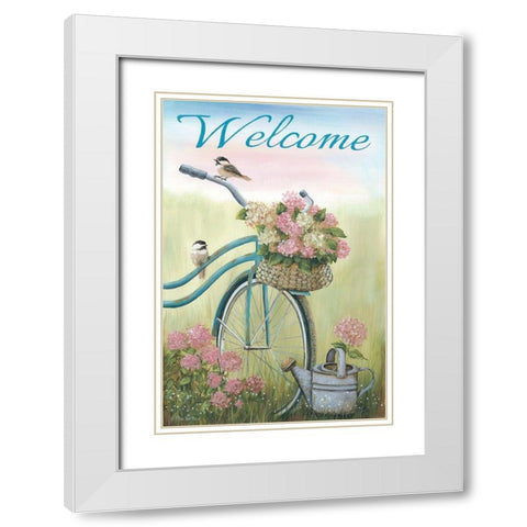 Old Bike Welcome White Modern Wood Framed Art Print with Double Matting by Britton, Pam