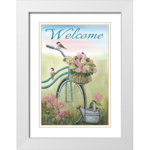 Old Bike Welcome White Modern Wood Framed Art Print with Double Matting by Britton, Pam
