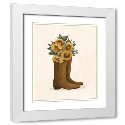 Sunflower Cowgirl Boots White Modern Wood Framed Art Print with Double Matting by Lady Louise Designs