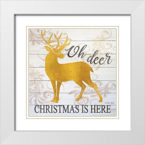 Oh Deer Christmas is Here White Modern Wood Framed Art Print with Double Matting by Jacobs, Cindy