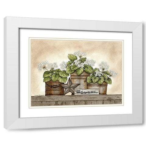 Love Grows Here Geraniums White Modern Wood Framed Art Print with Double Matting by Spivey, Linda