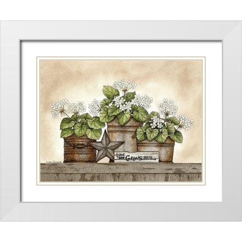 Love Grows Here Geraniums White Modern Wood Framed Art Print with Double Matting by Spivey, Linda
