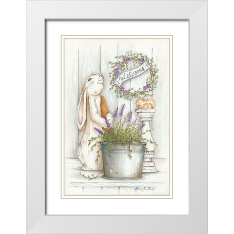 Welcome Bunny White Modern Wood Framed Art Print with Double Matting by June, Mary Ann