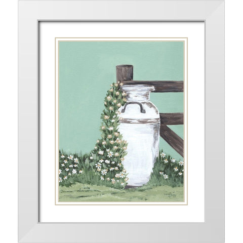 Milk Can With Cascading Flowers White Modern Wood Framed Art Print with Double Matting by Norman, Michele