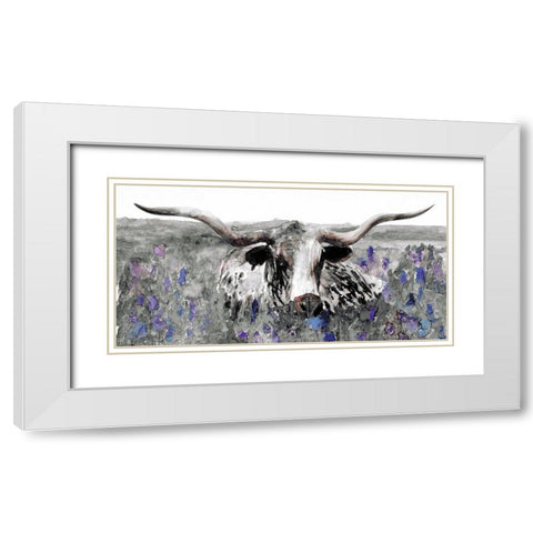 Longhorn in Flower Field White Modern Wood Framed Art Print with Double Matting by Stellar Design Studio