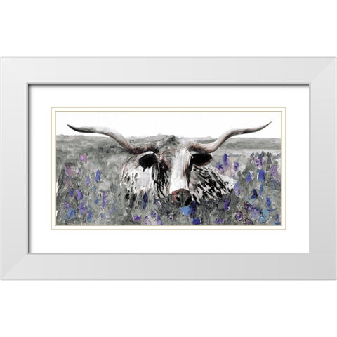 Longhorn in Flower Field White Modern Wood Framed Art Print with Double Matting by Stellar Design Studio