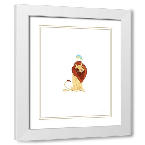 Safari Lion and Bird White Modern Wood Framed Art Print with Double Matting by Stellar Design Studio