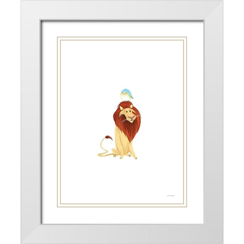 Safari Lion and Bird White Modern Wood Framed Art Print with Double Matting by Stellar Design Studio