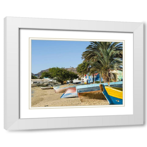Traditional fishing boats on the beach of the harbor City Mindelo-a seaport Africa White Modern Wood Framed Art Print with Double Matting by Zwick, Martin