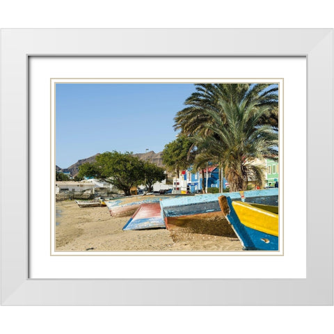 Traditional fishing boats on the beach of the harbor City Mindelo-a seaport Africa White Modern Wood Framed Art Print with Double Matting by Zwick, Martin