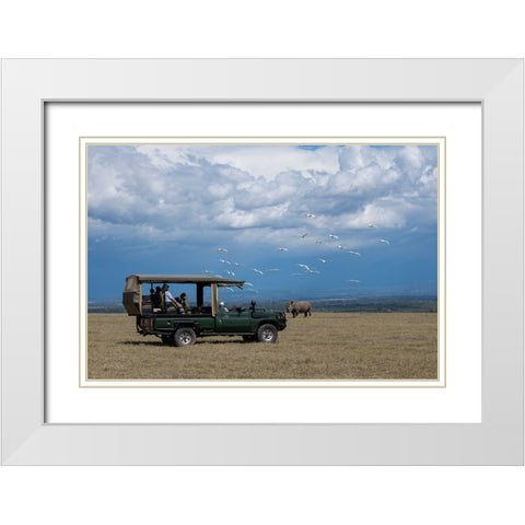 Africa-Kenya-Ol Pejeta Conservancy-Safari jeep with Southern white rhinoceros-Ceratotherium simum White Modern Wood Framed Art Print with Double Matting by Hopkins, Cindy Miller