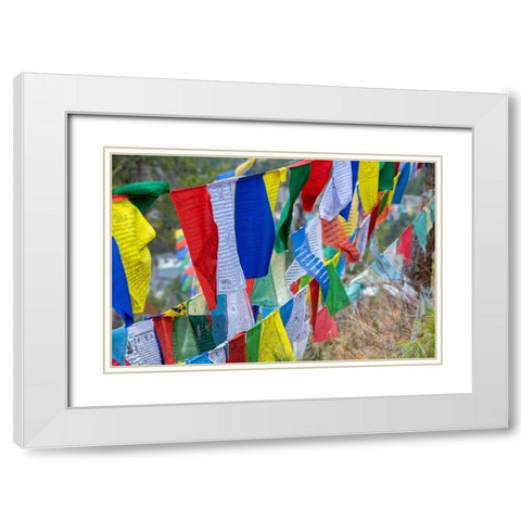 Bhutan-Thimphu Colorful prayer flags on mountain top at the Sangaygang Geodetic Station White Modern Wood Framed Art Print with Double Matting by Hopkins, Cindy Miller