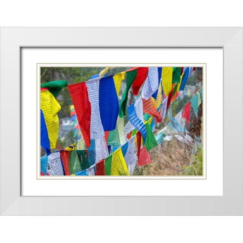Bhutan-Thimphu Colorful prayer flags on mountain top at the Sangaygang Geodetic Station White Modern Wood Framed Art Print with Double Matting by Hopkins, Cindy Miller
