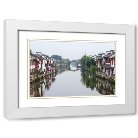 Traditional house and stone bridge on the Grand Canal-Wuxi-Jiangsu Province-China White Modern Wood Framed Art Print with Double Matting by Su, Keren